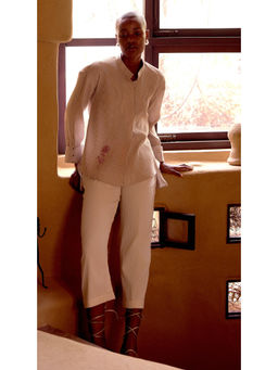 Basanti Kapde aur Koffee - Ivory Striped Embroidered Shirt