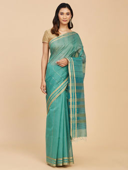 Fabindia - Green Cotton Silk Woven Chanderi Saree Without Blouse