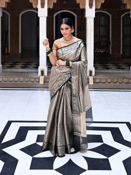 Banarasi Silk Works - Beige & Black Kanchi Silk Saree with Unstitched Blouse