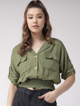 Twenty Dresses by Nykaa Fashion - Olive Button Me Down Crop Top