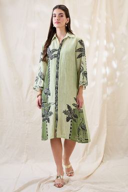 Soup by Sougat Paul - Green Noorani Printed Embellished Dress with Slip (Set of 2)