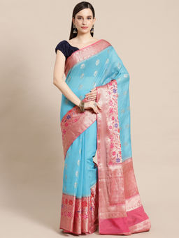 Banarasi Silk Works - Maheswari Cotton Woven Saree Blue with Unstitched Blouse