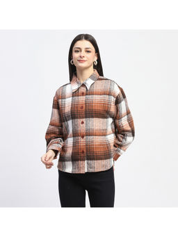 Madame - Women Plaid Checks Pattern Collared Brown Shacket