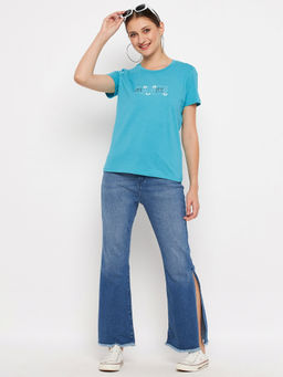 Madame - Women Mid-Rise Side Slit Raw Hem Jeans Blue