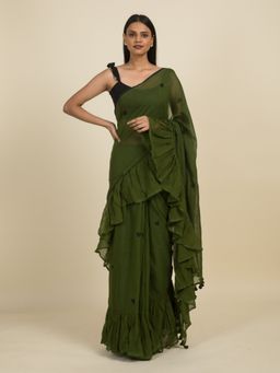 Suta - Olive Heart Block Printed Ruffle Saree
