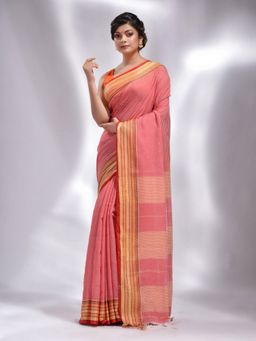 CHARUKRITI - Red Pure Cotton Handwoven Stripe Designs Saree with Unstitched Blouse