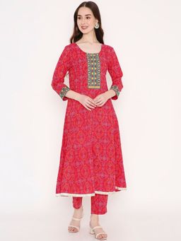 Saffron Threads - Pink Cotton Printed Kurta with Embroidered Neck and Lace Insert