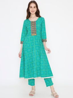 Saffron Threads - Green Cotton Printed Kurta with Embroidered Neck and Lace Insert