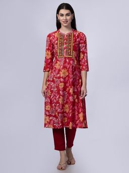 Saffron Threads - Red Cotton Printed Kurta with Embroidered Neck and Mirror Work
