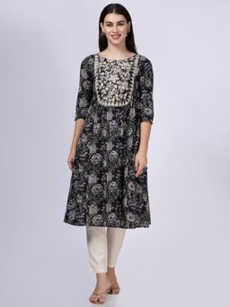 Saffron Threads - Black Floral Printed Kurta with Neck Embroidery