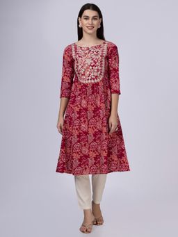 Saffron Threads - Red Floral Printed Kurta with Neck Embroidery