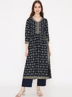 Saffron Threads - Navy Blue Bandhani Printed Kurta with Neck Embroidery and Brocade Lace