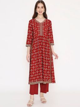 Saffron Threads - Maroon Bandhani Printed Kurta with Neck Embroidery and Brocade Lace