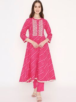 Saffron Threads - Pink Leheriya Print Kurta with Mirror Work and Yoke Embroidery