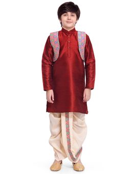 Jeetethnics - Boys Red Kurta Set With Dhoti Pants And Jacket (Set of 3)