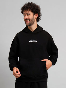Griffel - Mens Black Front Logo Oversized Fleece Hoodie Sweatshirt