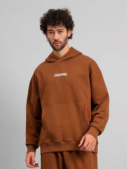 Griffel - Mens Brown Front Logo Oversized Fleece Hoodie Sweatshirt