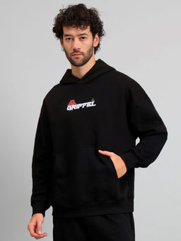 Griffel - Mens Black Fireball Oversized Fleece Hoodie Sweatshirt