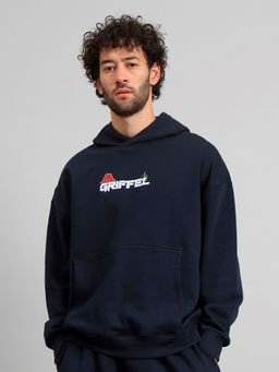 Griffel - Mens Navy Fireball Oversized Fleece Hoodie Sweatshirt