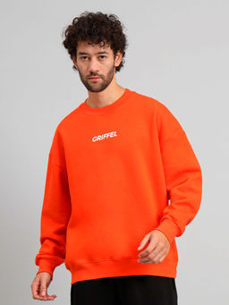 Griffel - Mens Orange Front Logo Oversized Round Neck 100% Cotton Fleece Sweatshirt