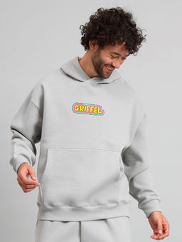 Griffel - Mens Steel Grey BAD GUY Print Front Logo Oversized Fleece Hoodie Sweatshirt