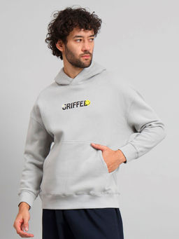 Griffel - Mens Grey Chill Vibe Print Front Logo Oversized Fleece Hoodie Sweatshirt