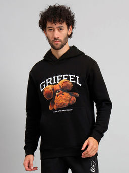Griffel - Mens Black Bear Print Regular Fit 100% Cotton Fleece Hoodie Sweatshirt
