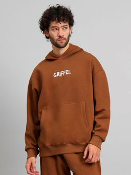 Griffel - Mens Brown Bear Family Print Front Logo Oversized Fleece Hoodie Sweatshirt