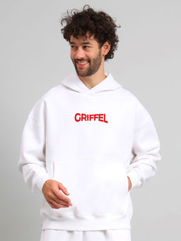 Griffel - Mens White SNAKE Print Front Logo Oversized Fleece Hoodie Sweatshirt