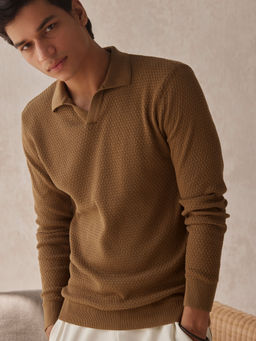 Andamen - Structure Brown Mens Full Sleeve Polo Sweater Regular Fit