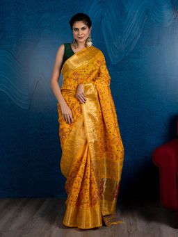 Beatitude - Yellow Red Floral Silk Blend Saree with Unstitched Blouse