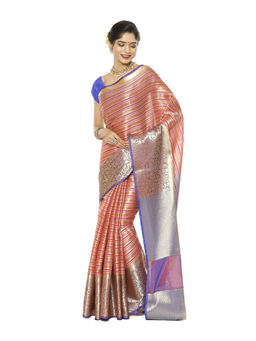 Banarasi Silk Works - Stripe Red & Pink Zari Kanchi Silk Tanchoi Pattu Saree with Unstitched Blouse