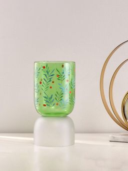 At Home by Nilkamal - Hand-Painted Dual Arch Leaf Design Glass Candle Holder (Green)