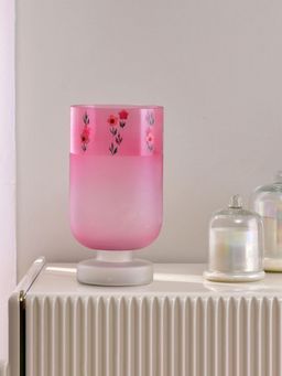 At Home by Nilkamal - Hand-Painted Floral Frost Glass Candle Holder (Pink)