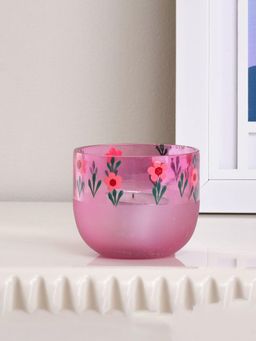 At Home by Nilkamal - Hand-Painted Floral Glass Votive (Pink)