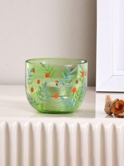 At Home by Nilkamal - Hand-Painted Leaf Design Glass Votive (Green)