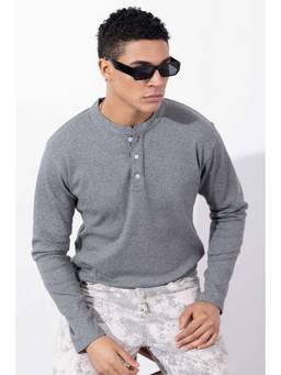 GRITSTONES - Men Grey Full Sleeve Textured Henley T-Shirt