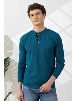 StyleStone - Men Teal Blue Textured Henley T-Shirt