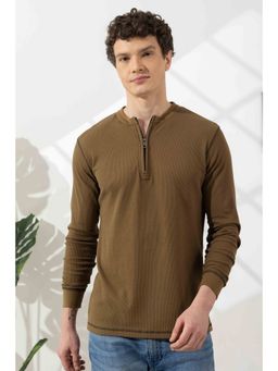 GRITSTONES - Men Olive Cross Stitched Elbow Patch Waffle Zipper T-Shirt