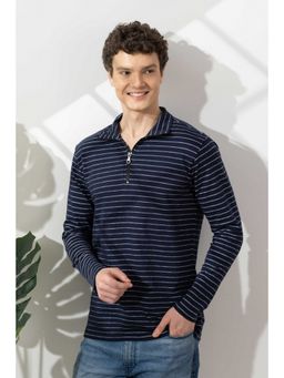 GRITSTONES - Men Navy Blue Striped Cotton Zipper T-Shirt