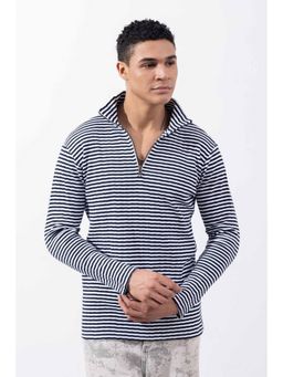 GRITSTONES - Men White Striped Zipper Collar T-Shirt