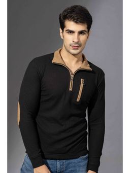 StyleStone - Men Black Textured Zipper Collar T-Shirt