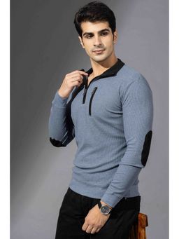 GRITSTONES - Men Blue Textured Zipper Collar T-Shirt