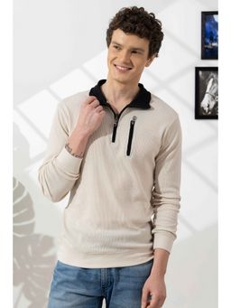 GRITSTONES - Men Cream Elbow Patch Zipper Collar T-Shirt
