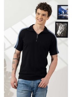 StyleStone - Men Black Waffle Textured Zipper Polo T-Shirt