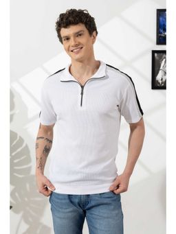 StyleStone - Men White Textured Zipper Polo T-Shirt