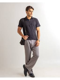 GRITSTONES - Men Grey Stripe Cotton Rib Zipper Polo T-Shirt