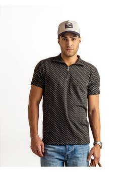 GRITSTONES - Men Black Half Sleeve Printed Cotton Zipper Polo T-Shirt