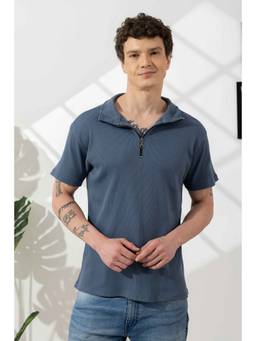 GRITSTONES - Men Teal Textured Cotton Zipper Polo T-Shirt
