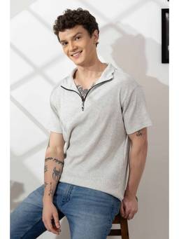 GRITSTONES - Men Grey Textured Cotton Zipper Polo T-Shirt